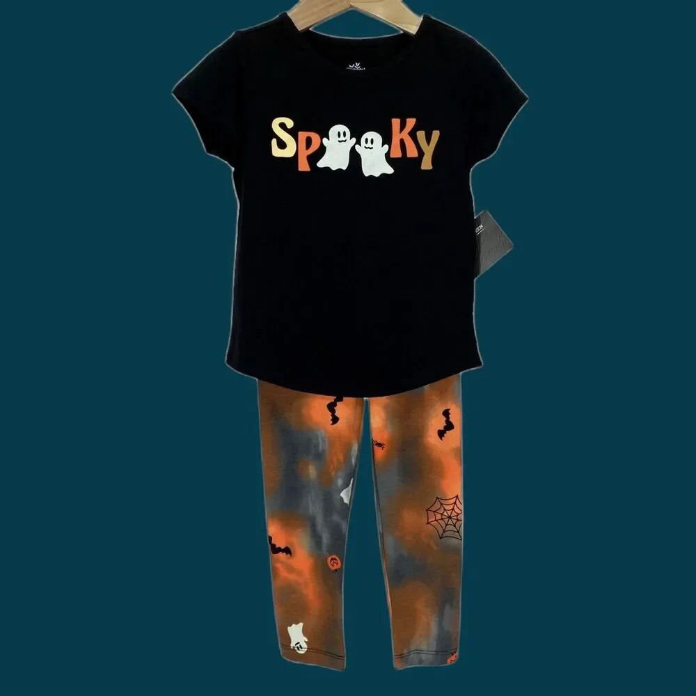 Halloween Girls Shirt Pants Set 3T Ghost Spooky Black Orange Tie Dye Knit